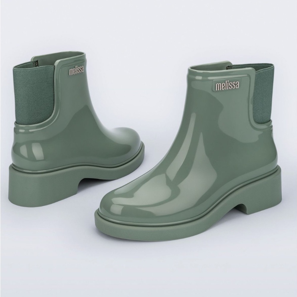 Melissa Olive Green Glossy Ankle Rain Boots BNWOB